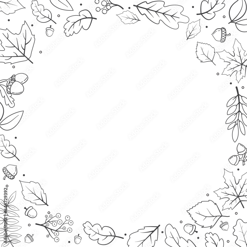 Hand drawn autumn leaves doodles circle shaped. Falling leaves.Line art autumn leaves maple, oak,acorn.Sketch, design elements. Tree leaves.Oak branch outline.Vector illustration.Round floral pattern.