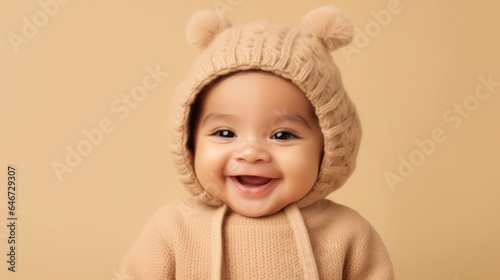 Portrait of a cheerful newborn in neutral clothes on a light beige background. Generative AI