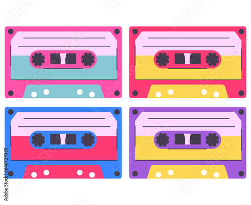 Cassette tape. Classic 80s 90s element.Cassette with retro vintage object for 80s.Stereo cassette. Retro audio tape with music record.Vector flat illustration.Isolated on white background.