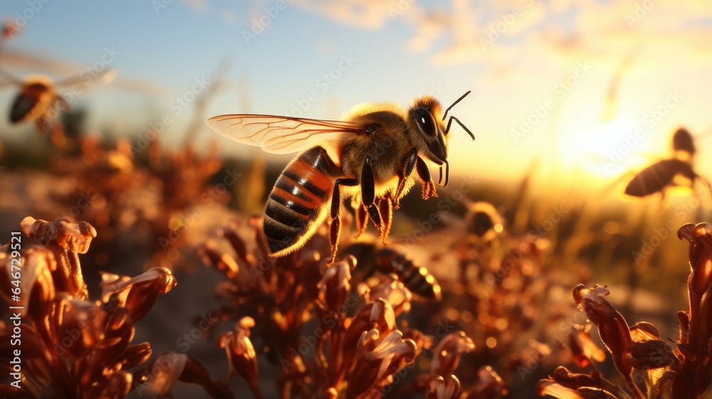 A swarm of bees flying around in the air at sunset - obrazy, fototapety, plakaty 