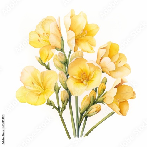 Yellow watercolour freesia spring summer flower illustration on white background. Floral blossom concept
