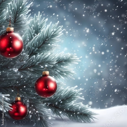 Christmas tree background decoration with snow and red balls