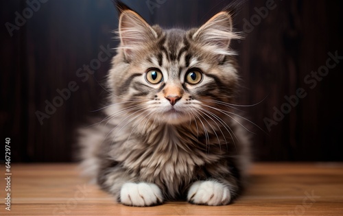 Gray long-haired cat lies on a dark background and looks at the camera. Advertising banner for veterinary clinic and animal hotel