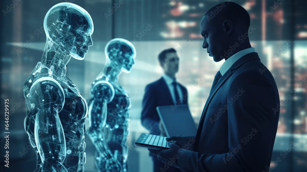 Biznesman wydający polecenie AI, praca przyszłości, nowoczesny biznes cyfrowy - Businessman giving command to AI, work of the future, modern digital business - AI Generated - obrazy, fototapety, plakaty 