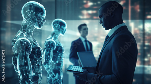 Biznesman wydający polecenie AI, praca przyszłości, nowoczesny biznes cyfrowy - Businessman giving command to AI, work of the future, modern digital business - AI Generated