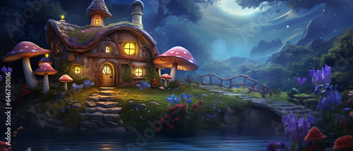 Magical fantasy elf or gnome mushroom house with win