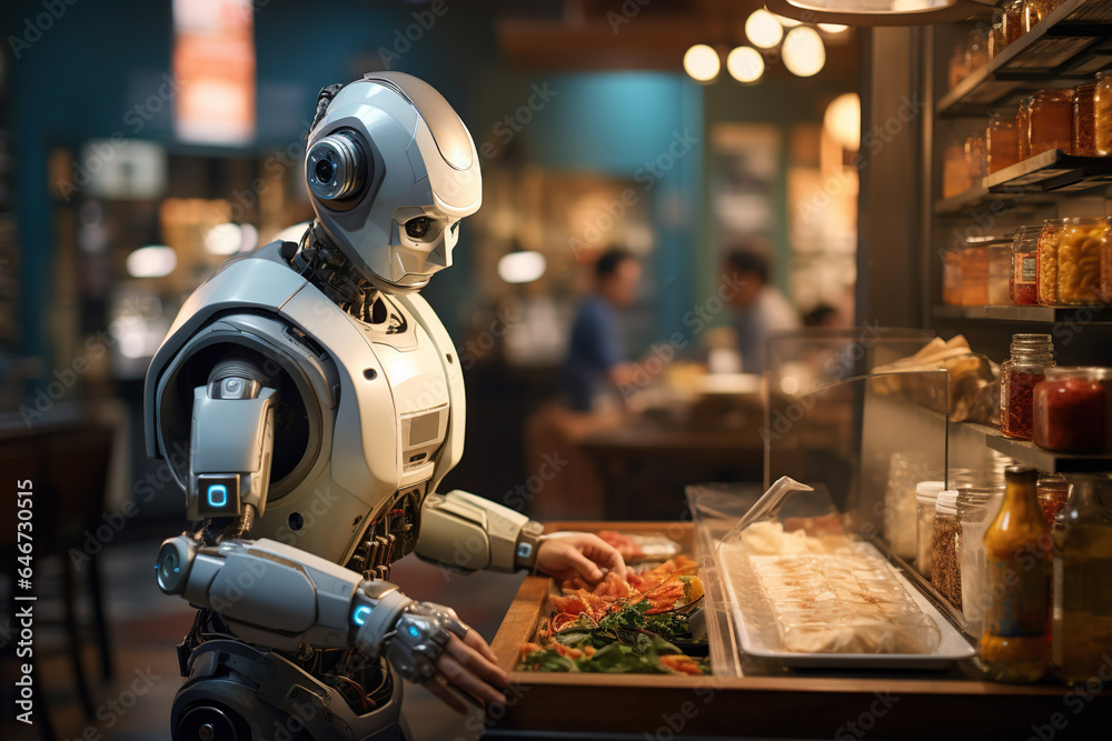 Android robot assistant make food, cooking in the kitchen, sci-fi  household innovation, smart technology, AI Generative..