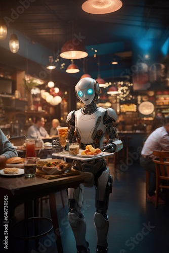 Android robot assistant waiter in a restaurant, sci-fi robotic innovation restaurant, smart technology, AI Generative.