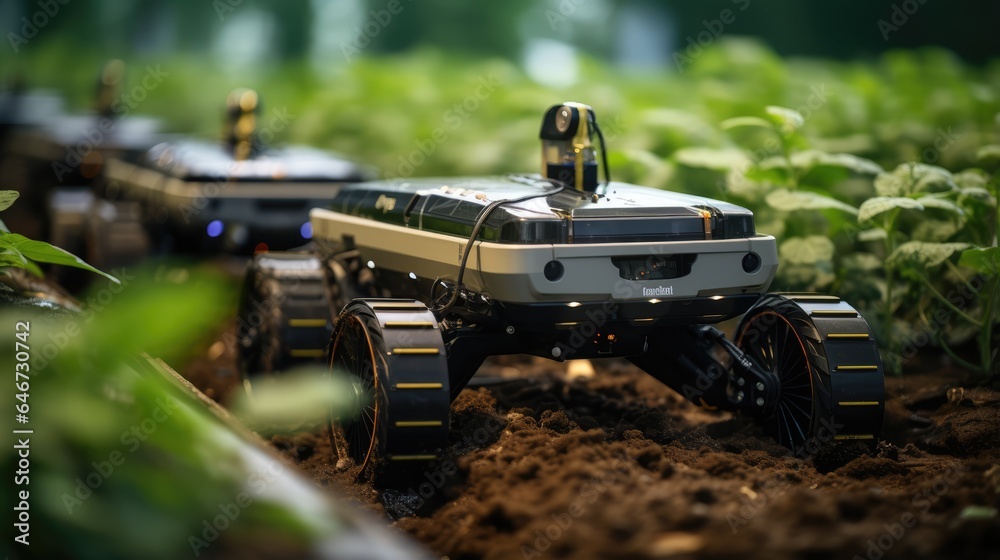 Agricultural robots work automatically watering plants in smart farming