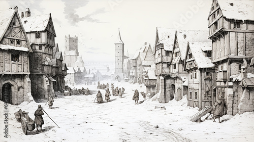 medieval city in winter, a picture of historical life in the style of old masters, engraving, painting on paper ink and ink