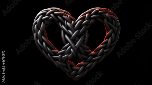 interlacing heart shape braided black leather belt on a black background unusual valentine, psychology addiction