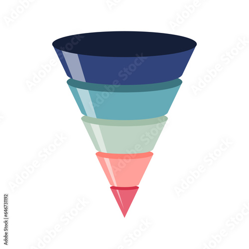 Funnel graphic with five elements. Infographic template. A marketing funnel, pyramid, or sales conversion cone. Retro colors. 5-part lead generation concept. Business presentation. Vector illustration
