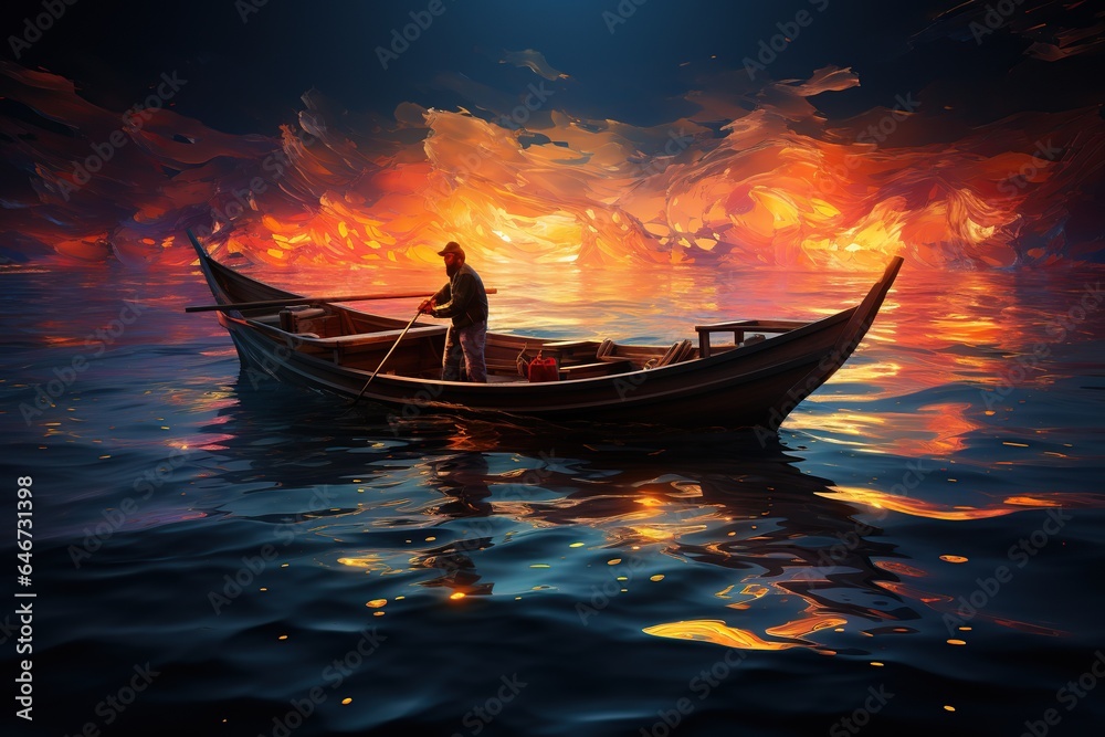 Fisherman on a Boat: A fisherman casts a net from a colorful boat, hoping for a bountiful catch on a calm sea.Generated with AI