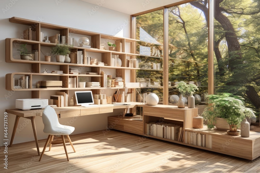 modern minimalist home study with light natural materials