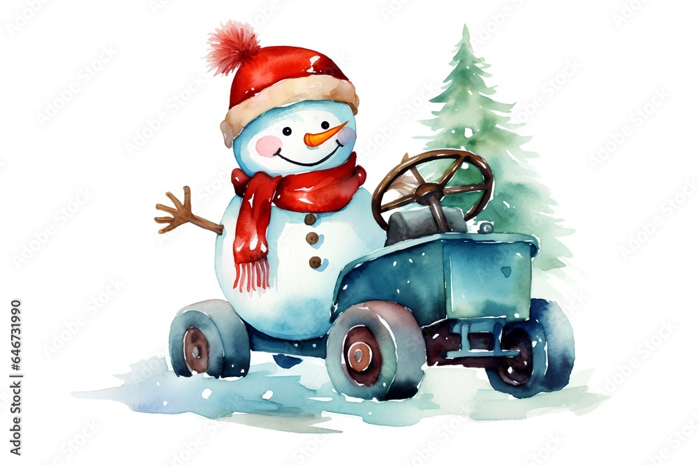 Watercolor illustration of a snowman on a toy car. Christmas card.