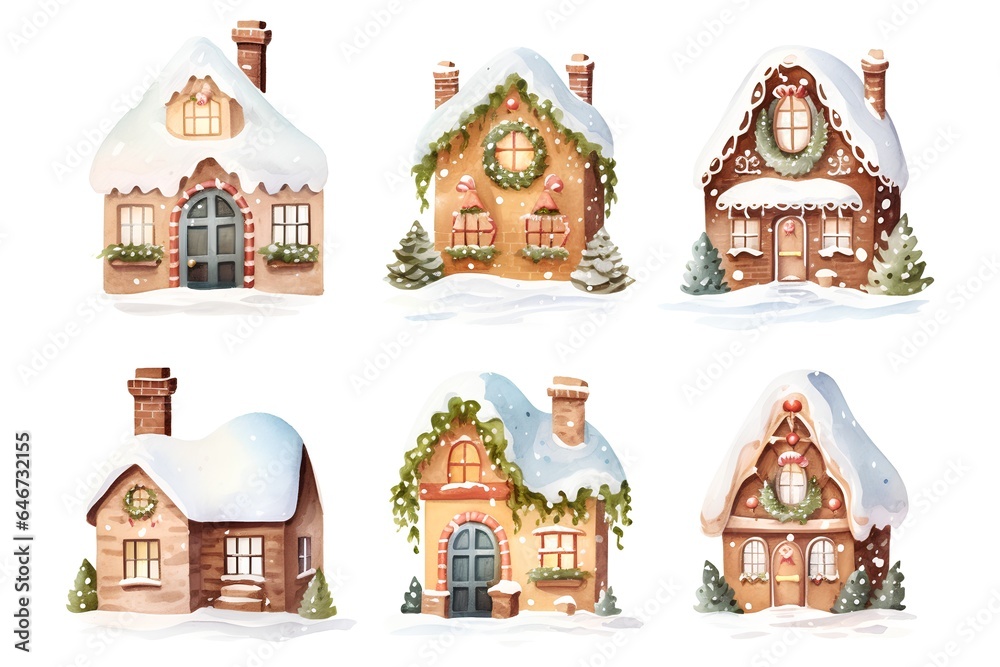 Set of watercolor gingerbread houses in winter. Vector illustration.