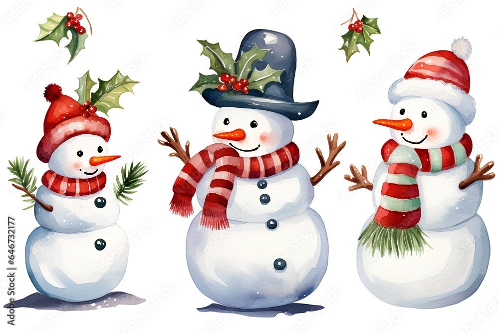 Watercolor christmas snowman collection. Hand drawn illustration on white background