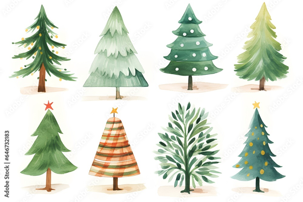 Watercolor Christmas trees set isolated on white background. Hand drawn illustration