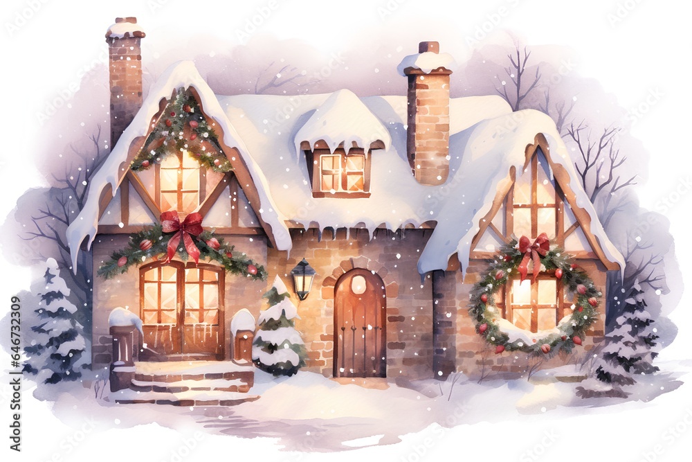 Watercolor illustration of winter village house with christmas ornaments