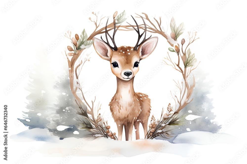 Watercolor illustration of a cute deer in winter forest. Hand drawn isolated on white background Watercolor illustration of a cute deer in winter forest. Hand drawn isolated on white background