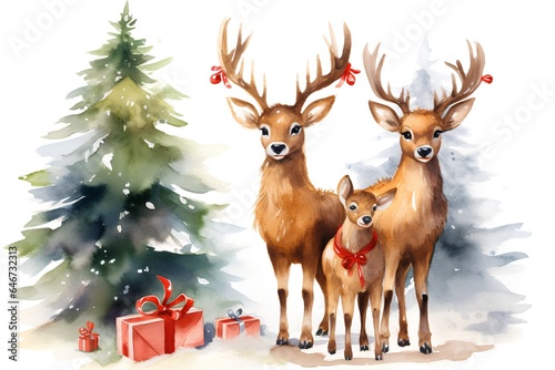 Watercolor Christmas greeting card with two deers and gift boxes.