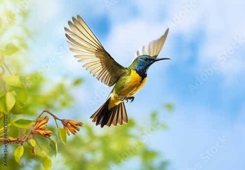 Olive backed sunbird, Yellow bellied sunbird flying in the bright sky. 