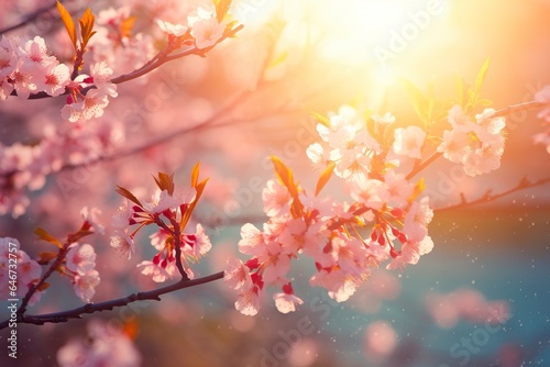 Spring blossom background. Nature scene with blooming tree and sun flare. 