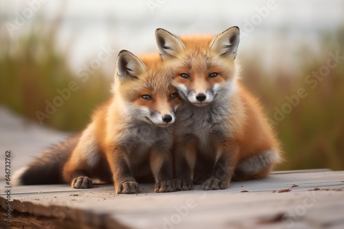 Wild baby red foxes cuddling at the beach. 