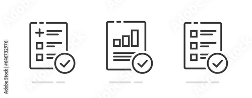 Medical health care form report results icon line vector simple graphic, exam test diagnosis complete check mark review assessment, audit standard research pictogram, quality analysis doc image set
