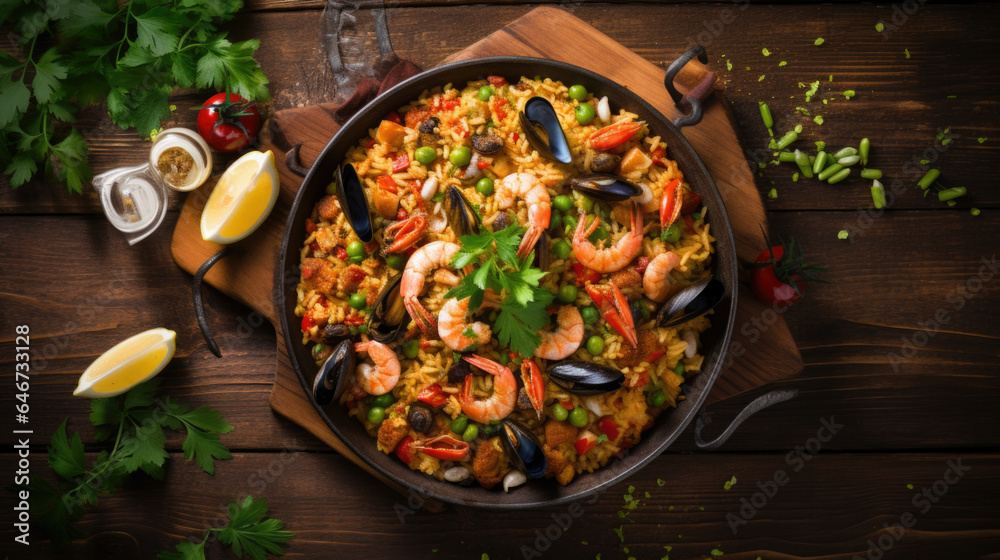 Spanish paella with seafood on the red teralke with lime. Delicious lunch on the shore of the sea shrimp. Dark wood background Spanish paella with seafood on the red teralke with lime. Delicious lunch on the shore of the sea shrimp. Dark wood background
