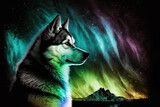 Husky dog ​​on the background of northern lights