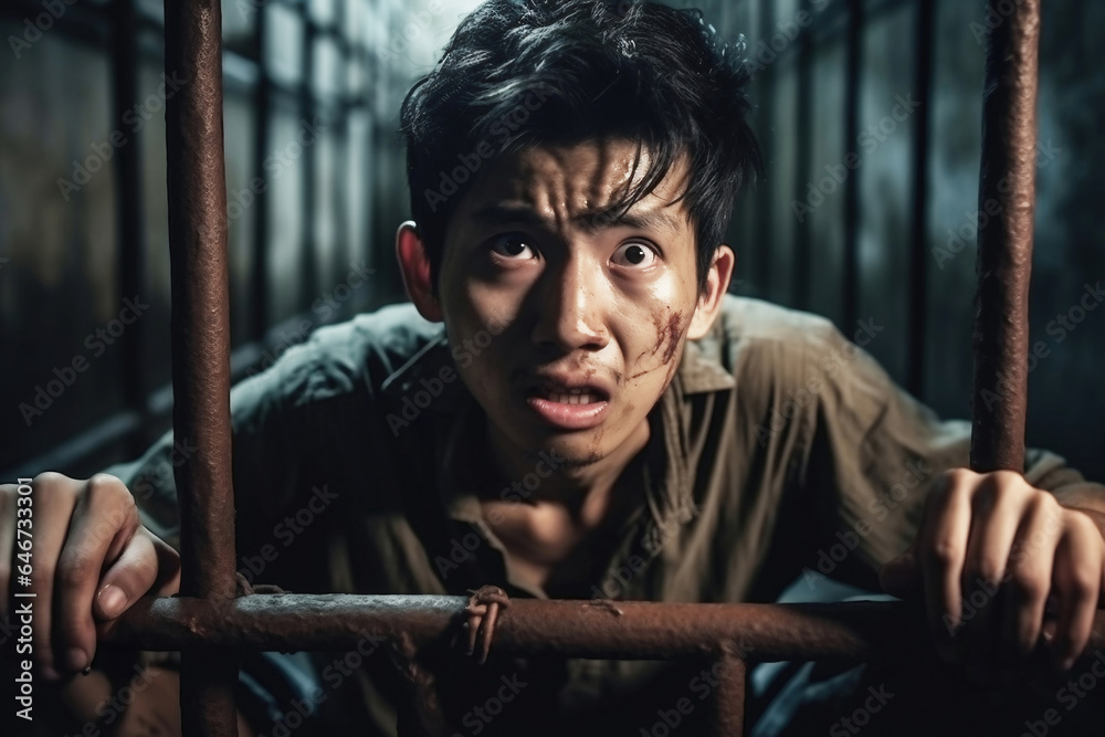 An Asian male prisoner in a cell behind bars. Chinese guy behind bars. The pain and suffering of the prisoner. Judgment. Hopelessness. An Asian male prisoner in a cell behind bars. Chinese guy behind bars. The pain and suffering of the prisoner. Judgment. Hopelessness.