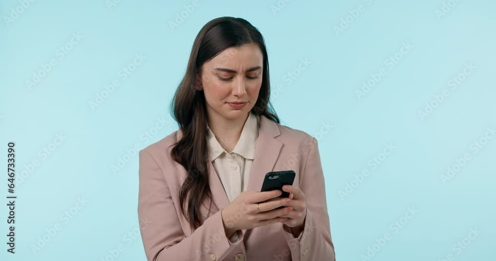 Stress, phone and businesswoman in a studio with headache doing medical research for pain. Frustrated, migraine and professional young female model on a cellphone for telehealth by blue background. Stress, phone and businesswoman in a studio with headache doing medical research for pain. Frustrated, migraine and professional young female model on a cellphone for telehealth by blue background.
