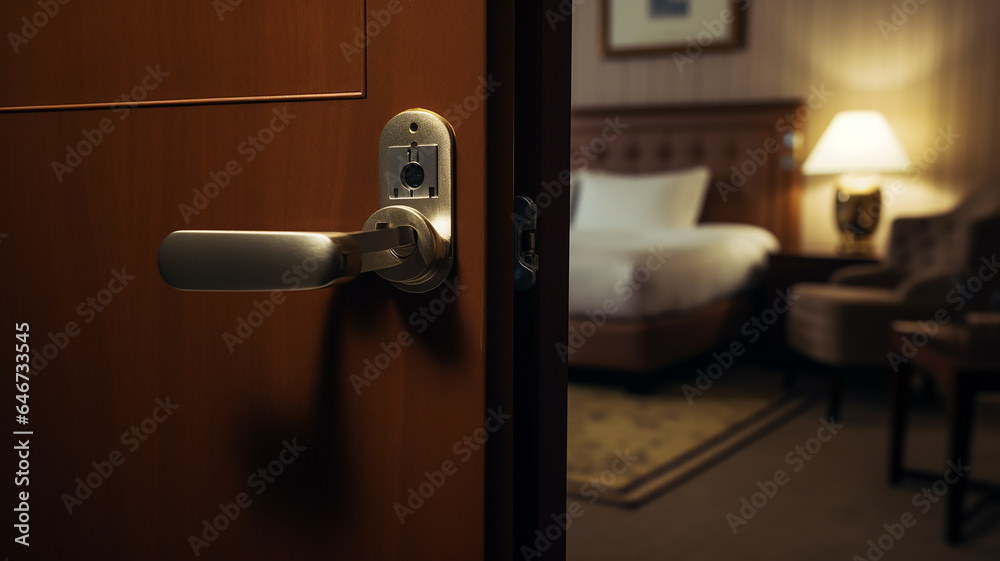 the slightly open white door to the hotel room the slightly open white door to the hotel room