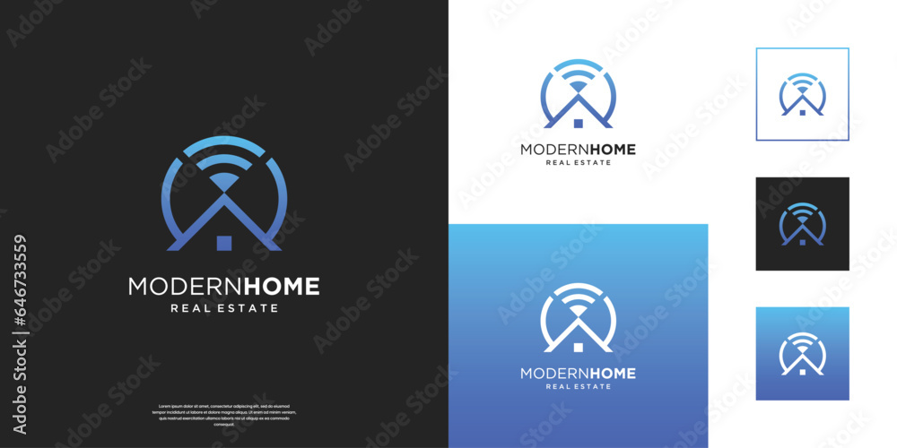 Modern home wireless logo design technology. Creative home connection logo real estate Modern home wireless logo design technology. Creative home connection logo real estate