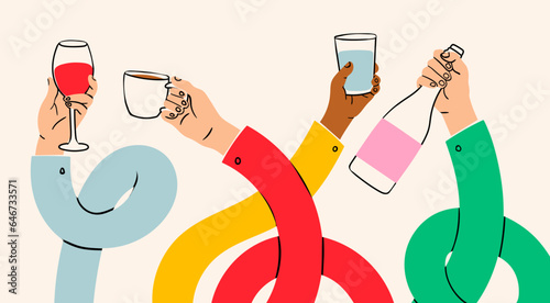 Stretched, flexible long hands hold various drinks. Wineglass, coffee cup, water, bottle. Boneless elastic arms. Cartoon style. Hand drawn Vector illustration. Isolated design templates