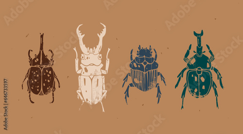 Set of various beetles, bugs or insects. Hand drawn modern Vector illustration. Vintage, Engraving style. Isolated design elements. Print, logo, poster templates, tattoo idea