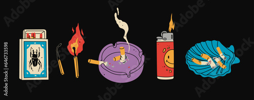 Various smoking accessories. Cigarette, matches box, ashtray with butts, lighter, burning match. Hand drawn Vector illustration. Isolated design templates. Smoking tools, bad habit, addiction concept