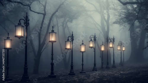 generated art landscape with street lights in the night autumn fog  fabulous picture silence mystery mist