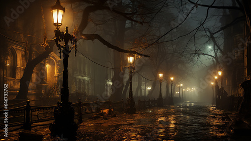 generated art landscape with street lights in the night autumn fog  fabulous picture silence mystery mist