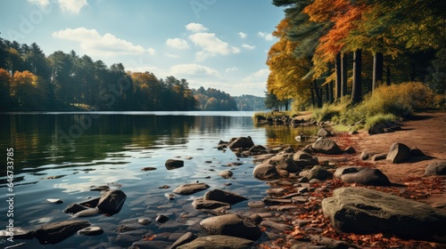 Autumn landscape in lake forest. Beautiful morning