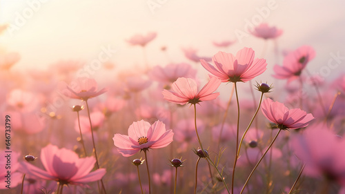 wild flowers, pink gerberas, daisies in the field, landscape view close-up of many pink flowers, delicate aroma soft pastel © kichigin19