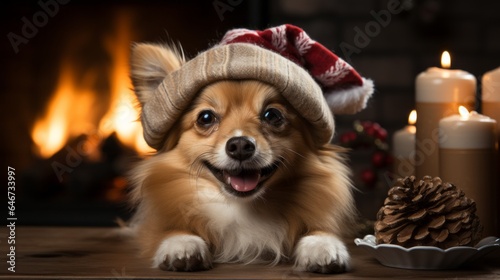 Christmas Dog in Santa hat © karandaev