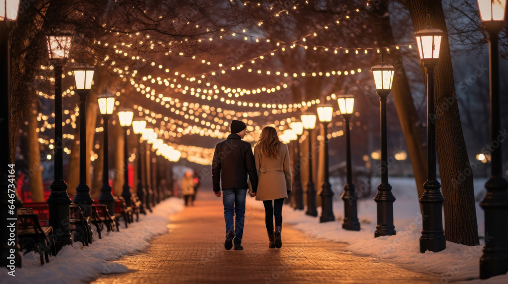 Couple walks hand-in-hand through lit alley in winter