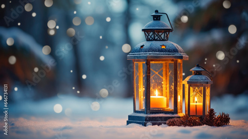 Vintage lantern casts warm glow in winter evening