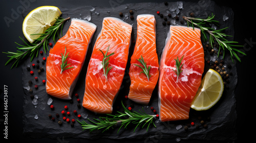 Salmon. Fresh raw salmon fish fillet with cooking ingredients, herbs and lemon on black background, top view.