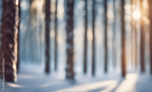 Winter fir tree forest with snow and sunlight bokeh