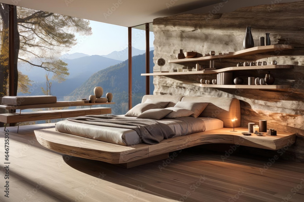 Fototapeta premium modern minimalist master bedroom with light natural materials