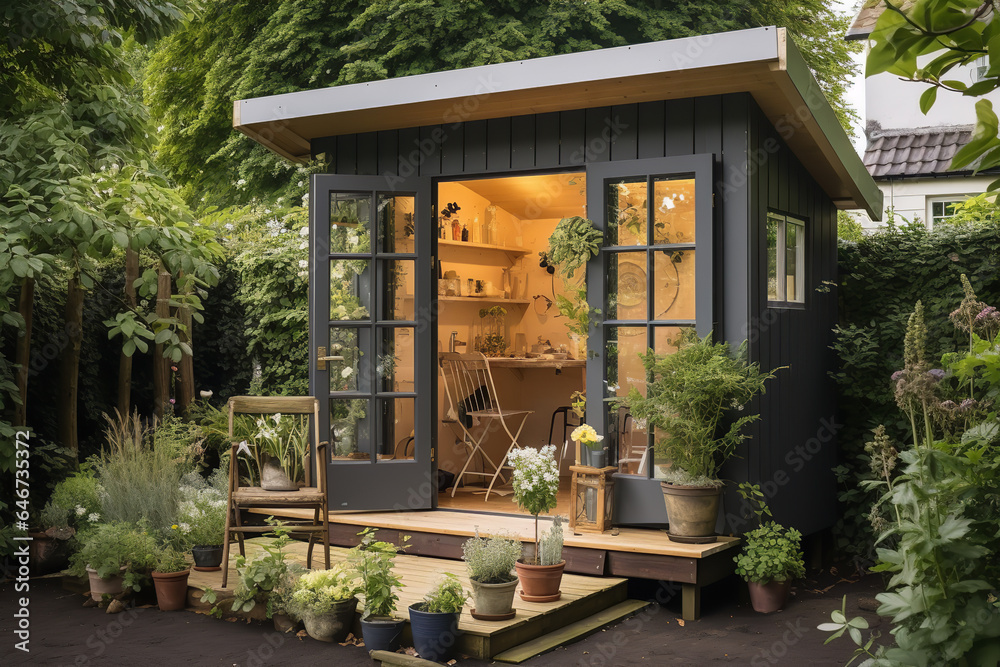 A creative twist sees a garden shed turned into a mini-cafe, complete with outdoor seating and an array of potted plants