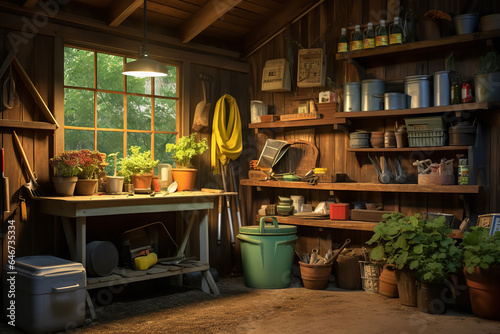 The interior of a garden shed reveals a world of organization, with tools hung neatly, seed packets arranged, and a sturdy workbench ready for projects